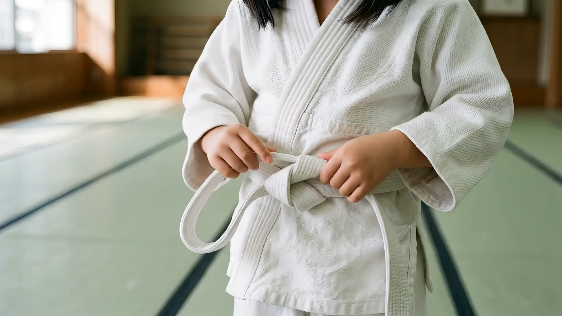 Mãos pequenas de criança tentando amarrar a faixa branca do kimono, no tatame