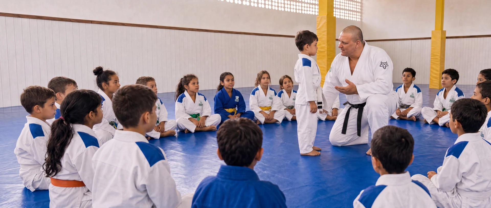 Charles Nardelli ajoelhado no centro de uma turma infantil sentada em círculo, explicando algo a um aluno